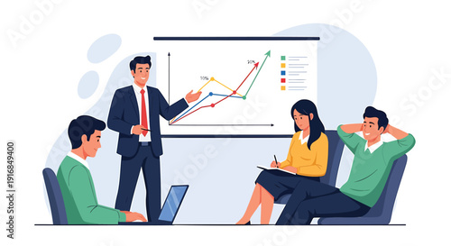 Business team discussing data on a graph in a meeting room.