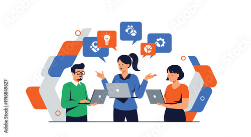 Business teamwork collaboration vector illustration. Includes people working together with laptops and communication icons. Created in modern flat style with blue, orange, and gray color palette.