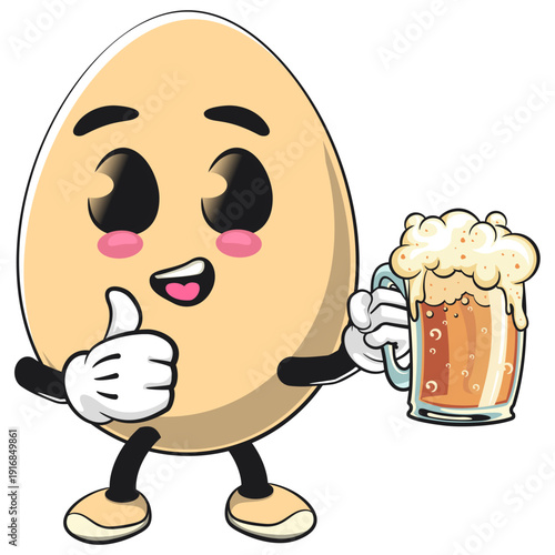 cute egg mascot character carrying a large glass of beer while giving a thumbs up, isolated vector illustration, work of hand drawn