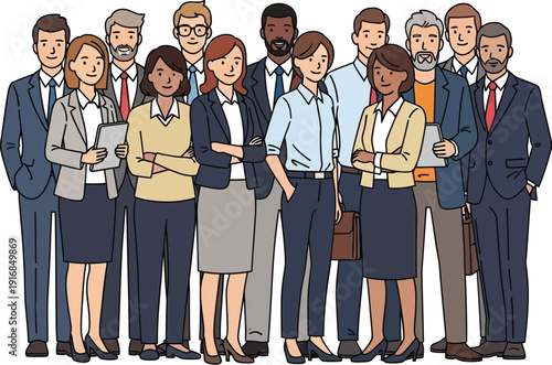 Diverse group of professional men and women standing together confidently in a line representing teamwork business and corporate collaboration with a clean white background