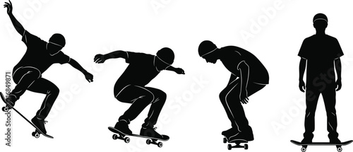 Tableau sur toile Skateboarder Silhouette Sequence Performing Ollie Trick Progression Isolated on