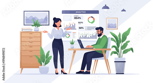 Vector illustration of business colleagues working together in modern office with laptop and data analysis charts.
