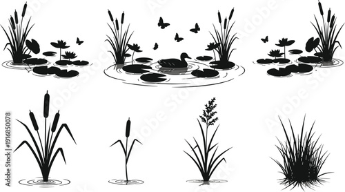 Flat vector illustration of pond scene silhouettes, duck and reed plants collection, decorative wetland nature elements, black design