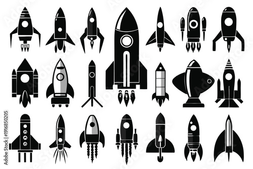 set of rocket icon silhouette line art vector illustration with a white background