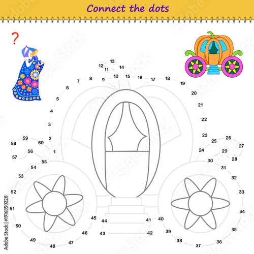 Connect the dots from 1 to 60 and draw the pumpkin carriage. Trace the lines between numbers. Coloring book. Developing counting skills. Logic puzzle game for kids. Activity sheet. Hand drawn vector.