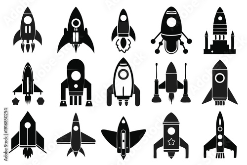 set of rocket icon silhouette line art vector illustration with a white background