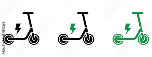 Electric Scooter with Battery Charge Symbol Icons Set for Eco-friendly Transport and Smart Mobility Vector Illustration.