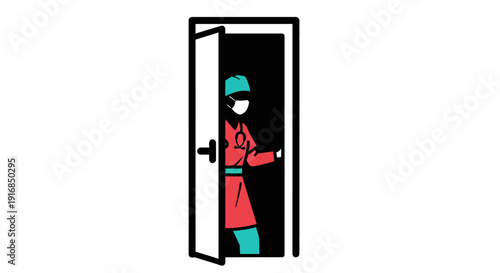 Flat vector icon of a healthcare worker in uniform and face mask, entering an open door, symbolizing essential medical service and dedicated patient care