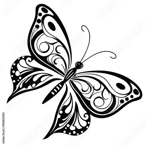 Artistic black and white illustration of a butterfly featuring elaborate swirls and decorative elements on its wings.