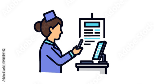 Professional nurse in uniform, actively managing patient care with digital tablet and computer in a modern healthcare clinic, a detailed flat vector illustration