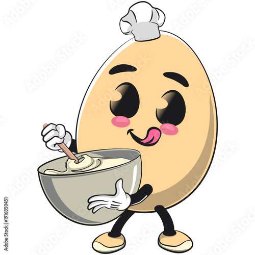 cute egg mascot character chef is mixing the dough, isolated vector illustration, work of hand drawn