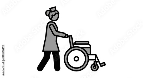 Caregiver pushing a patient in a wheelchair, professional medical assistance and healthcare services, disability support and accessibility symbol