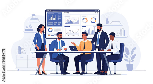 Business team meeting in modern office with presentation on screen