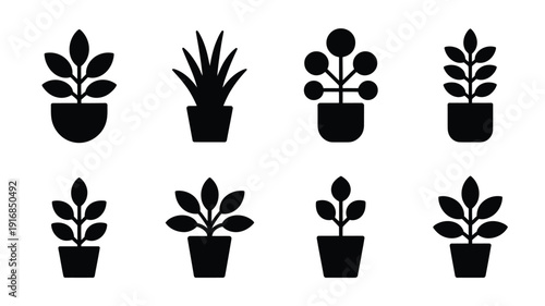 Set of eight minimalist plant silhouettes in pots on white background scandinavian style