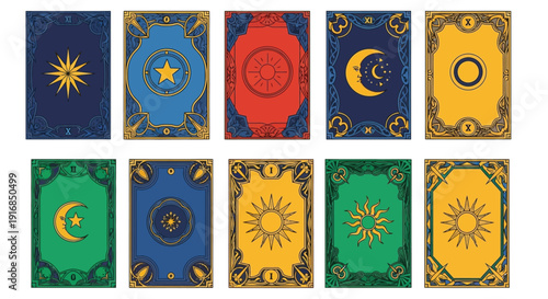 Nine tarot cards with celestial symbols and ornate borders displayed