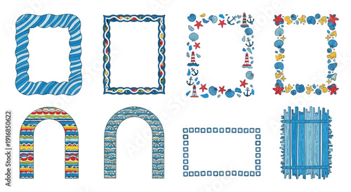 Four patterned square frames a rainbow arch and additional border designs