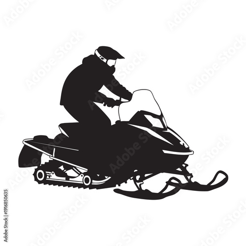 Snowmobile rider in helmet navigating winter terrain on sleek vehicle black silhouette illustration