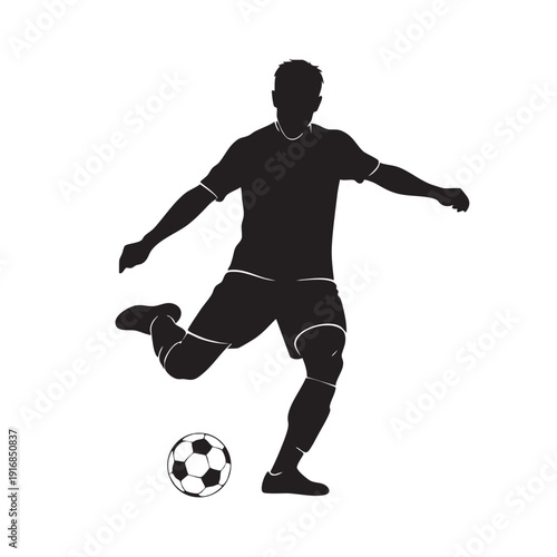 Footballer preparing to kick soccer ball with focused intensity dynamic action pose black silhouette illustration