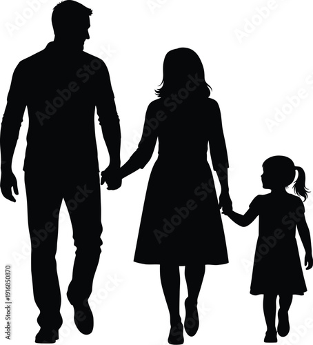 Silhouette of a loving family father mother and daughter walking hand in hand together across a clean white background symbolizing unity togetherness and strong family bonds