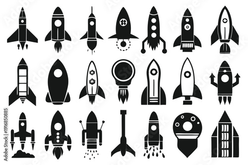 set of rocket icon silhouette line art vector illustration with a white background