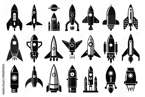 set of rocket icon silhouette line art vector illustration with a white background
