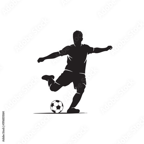 Soccer player kicking ball with powerful leg swing dynamic action pose black silhouette illustration