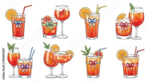 Watercolor illustration of various refreshing summer cocktails and drinks