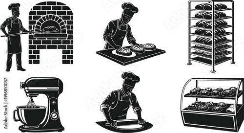 Baking process and equipment illustrated in a traditional setting with various tools and displays.