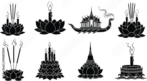 A collection of black silhouettes depicting various incense and lotus motifs.