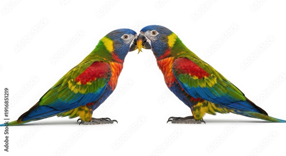 Fototapeta premium Colorful rainbow lorikeet parrots touching beaks, pair of vibrant tropical birds in a romantic pose, exotic wildlife photography isolated PNG with Transparent Background