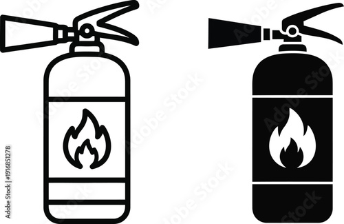 Simple black and white illustrations of two fire extinguishers displayed side by side.