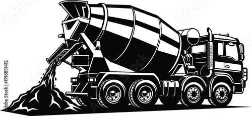 A black and white illustration of a cement mixer truck pouring concrete.