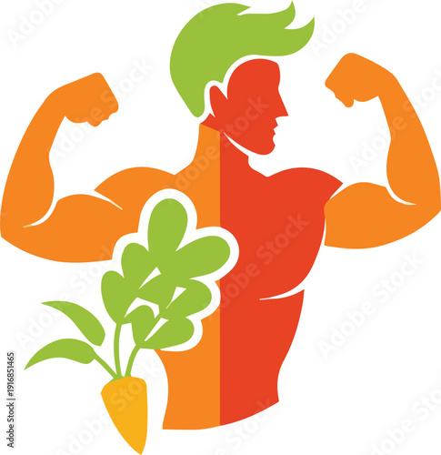 A stylized illustration depicts a muscular man composed of fruits and vegetables symbolizing healthy living high quality professional