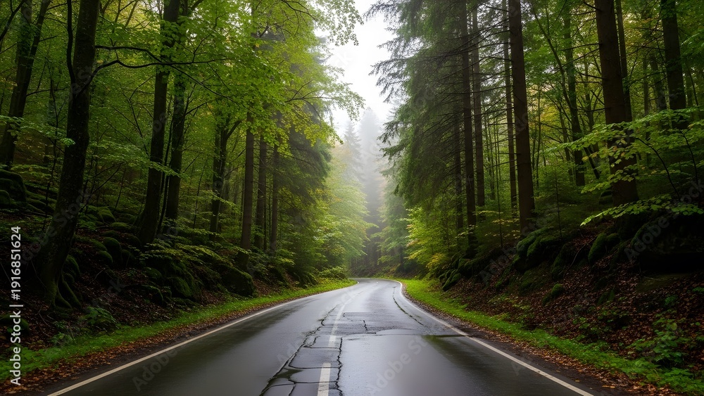 Obraz premium Misty forest road winding through dense greenery and autumn leaves