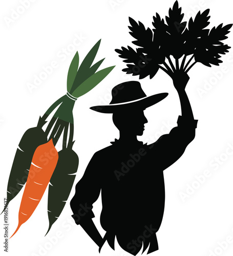 A silhouette of a farmer proudly displays a bountiful harvest of carrots and leafy green vegetables high quality