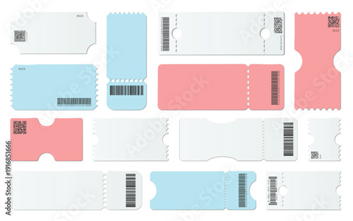 Set of blank ticket template, coupon mockup, empty ticket, sale, boarding, lottery, movie