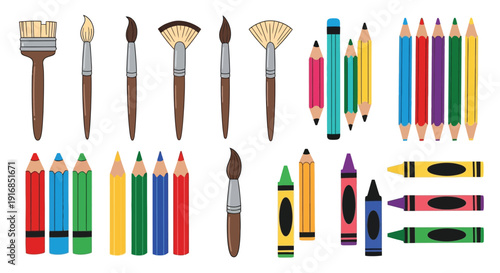 Assorted art supplies including paintbrushes colored pencils and crayons