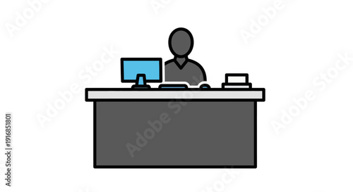 Streamlined vector icon illustrating an office professional diligently working at a desk with a computer, symbolizing productivity and modern workplace tasks in a flat 2D style