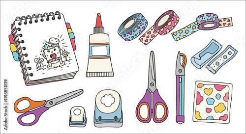 Colorful stationery and art supplies arranged in a whimsical doodle style