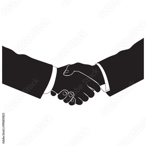 Two business people shaking hands in agreement. Professional handshake silhouette. Vector illustration of partnership, deal, greeting, success. Black and white graphic, isolated on white background.