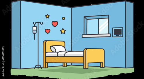 Vibrant flat design illustration of a pediatric hospital room, thoughtfully decorated with hearts and stars to comfort young patients during their healing journey