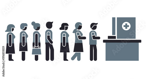 Vector illustration of diverse patient silhouettes forming an orderly queue at a medical reception desk, symbolizing waiting times and healthcare access challenges