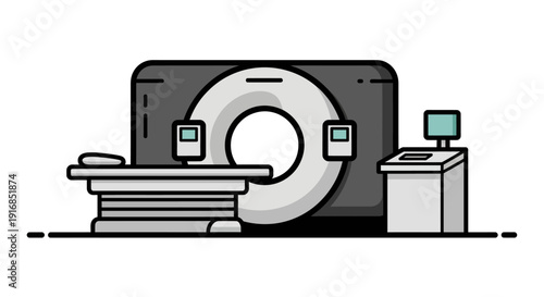 A minimalist vector illustration of a CT scanner in a medical setting, symbolizing healthcare and diagnostic technology