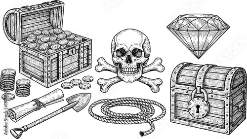Treasure hunt symbols including chests, skull, and crossbones on a white background.