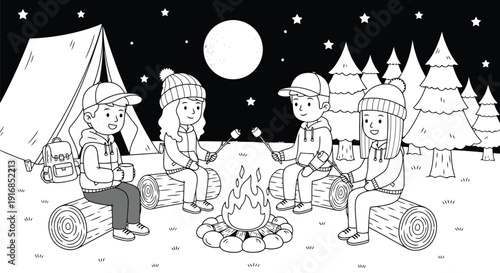 Three people camping in the snow under a starry night sky with a full moon.