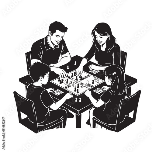Family of Four Playing Board Game Together at Table Cheerful Home Activity Vector Illustration