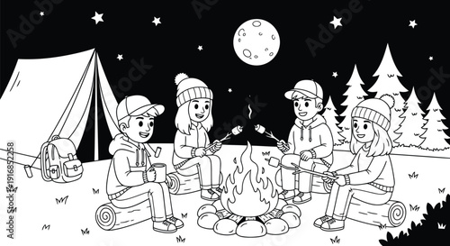 Family camping under the stars on a serene night adventure together.