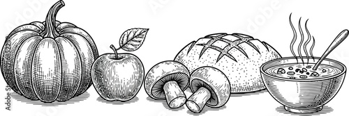 A collection of autumnal food items and a warm bowl of soup.