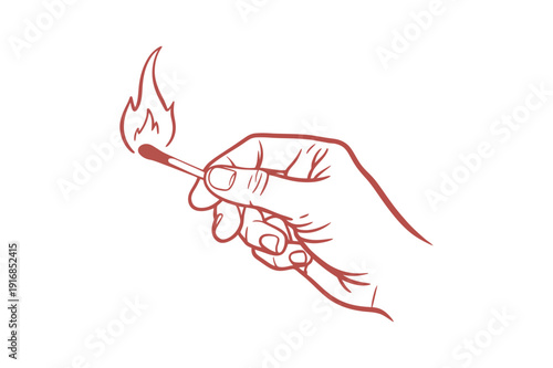 A hand holding a lit match with flames rising from the tip flame fire