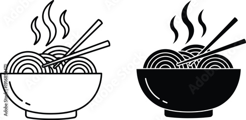 A simple black and white illustration of two bowls of steaming noodles with chopsticks.